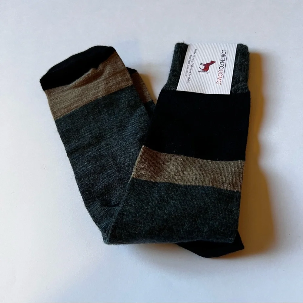 LORENZO UOMO MENS MERINO WOOL BLEND SOCKS COLOR BLOCK BLACK GREEN BEIGE OS NWT